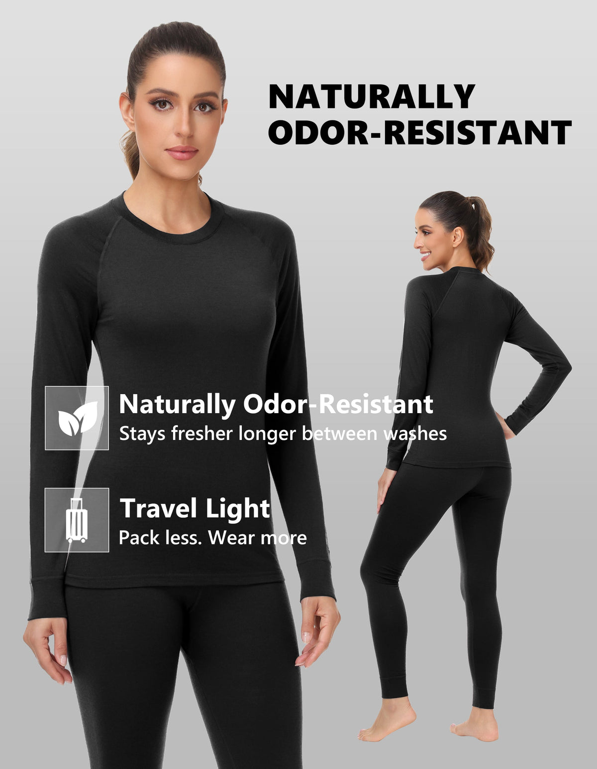 Woolcano Women's 190g Merino Wool Base Layer Set Lightweight Thermal Underwear