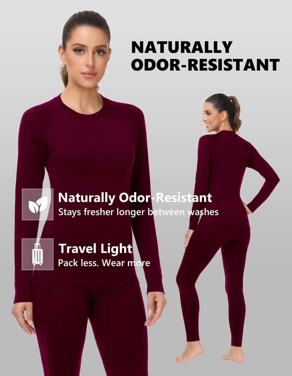 Woolcano Women's 190g Merino Wool Base Layer Set Lightweight Thermal Underwear