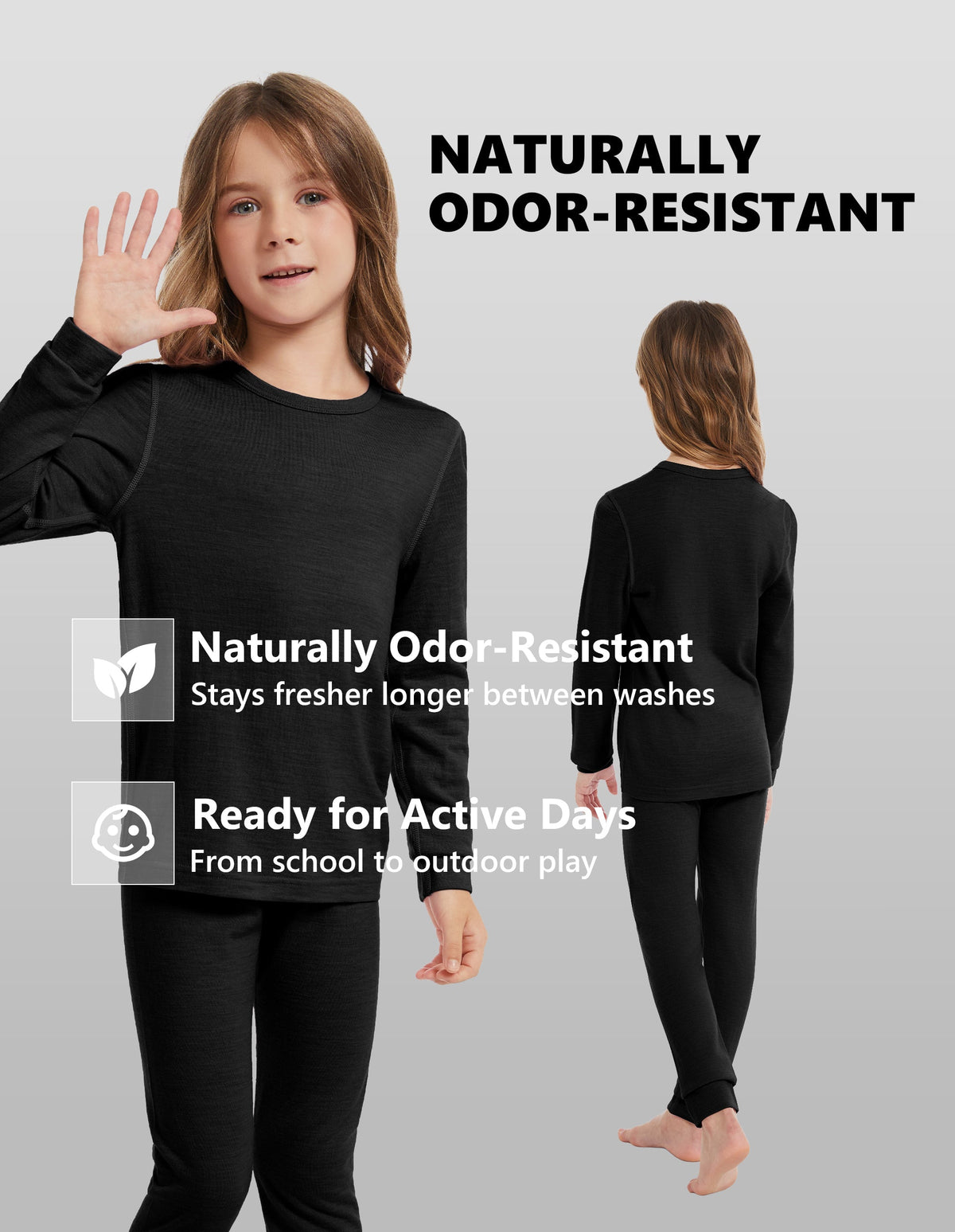 Woolcano Kid's 190g Merino Wool Unisex Base Layer Set Lightweight Thermal Underwear