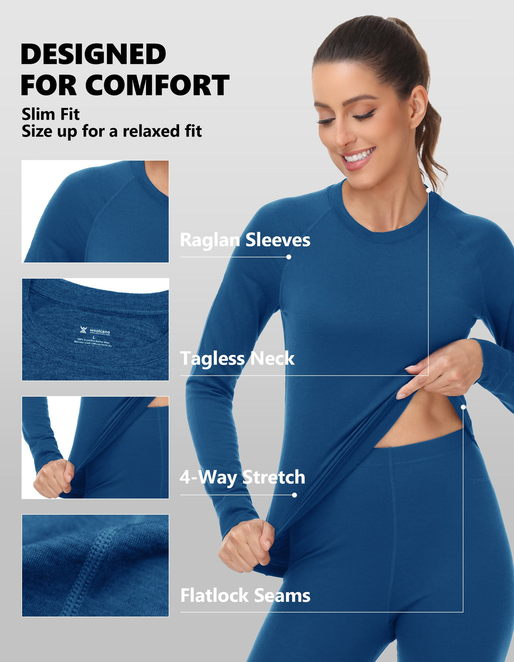 Woolcano Women's 190g Merino Wool Base Layer Set Lightweight Thermal Underwear