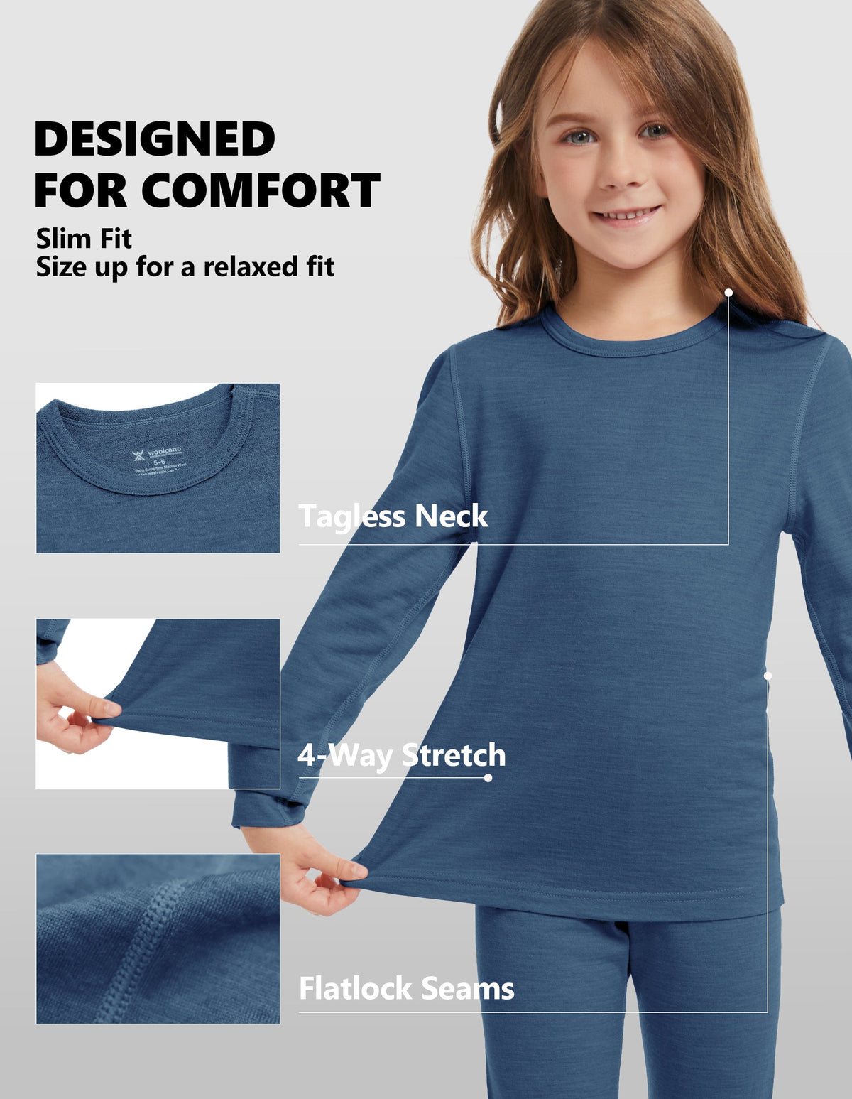 Woolcano Kid's 190g Merino Wool Unisex Base Layer Set Lightweight Thermal Underwear