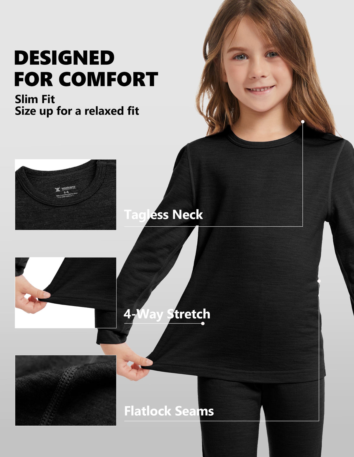 Woolcano Kid's 190g Merino Wool Unisex Base Layer Set Lightweight Thermal Underwear