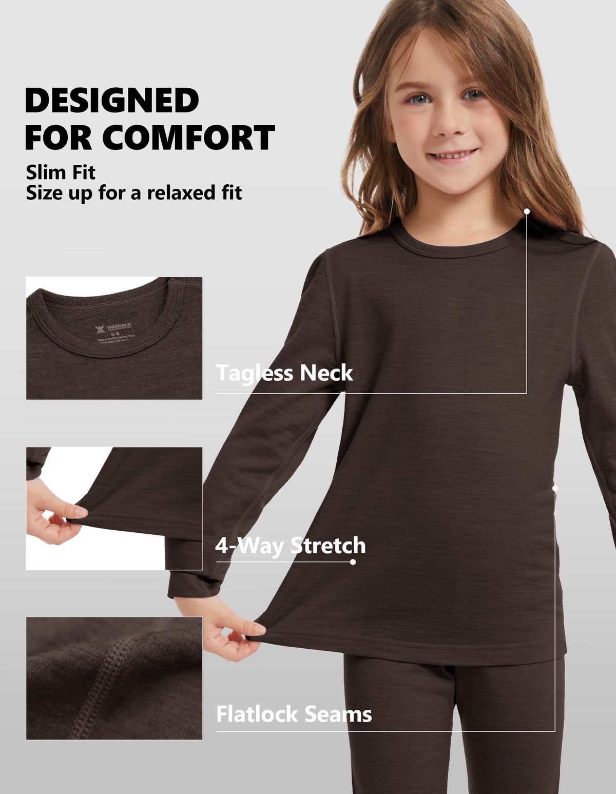 Woolcano Kid's 190g Merino Wool Unisex Base Layer Set Lightweight Thermal Underwear