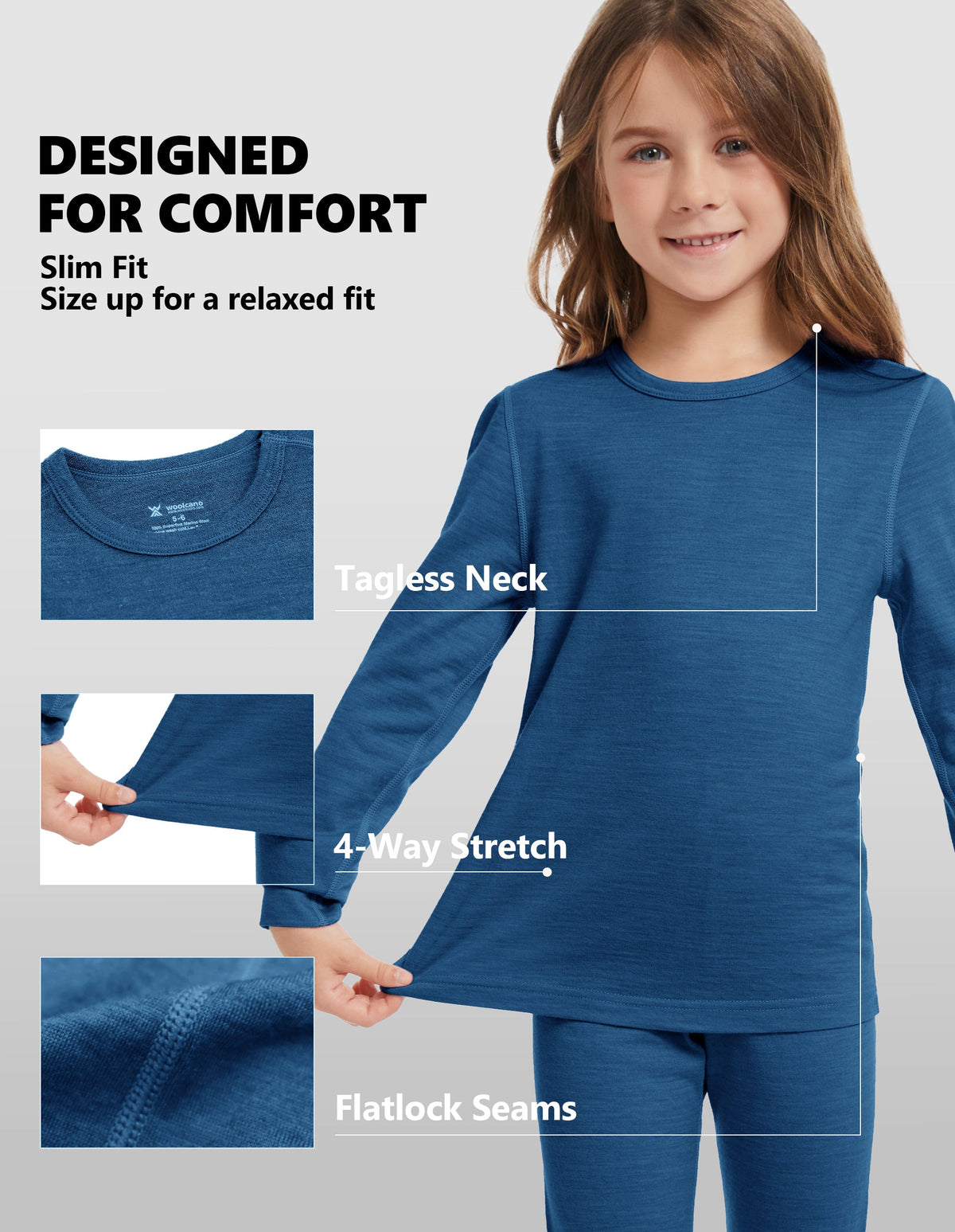 Woolcano Kid's 190g Merino Wool Unisex Base Layer Set Lightweight Thermal Underwear
