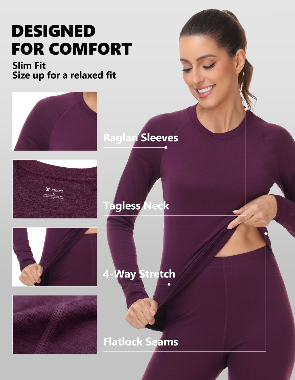 Woolcano Women's 190g Merino Wool Base Layer Set Lightweight Thermal Underwear