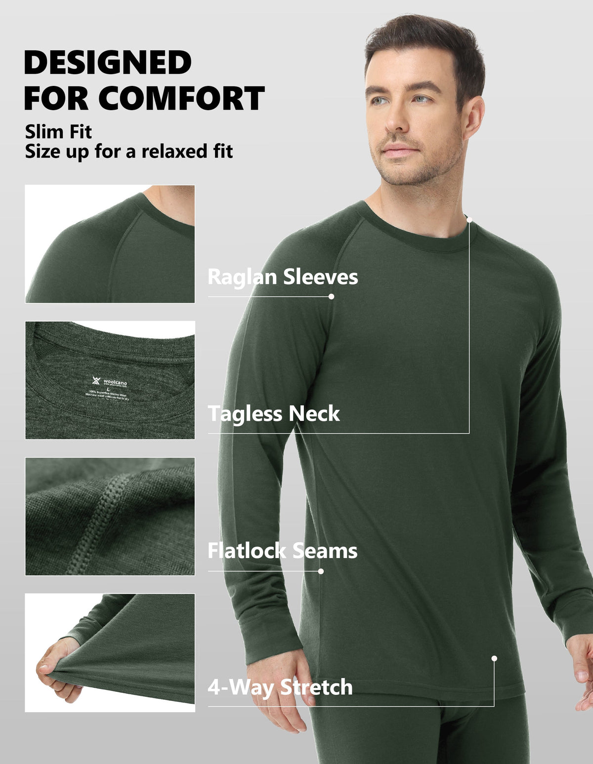 Woolcano Men’s 190g Merino Wool Base Layer Set Lightweight Thermal Underwear