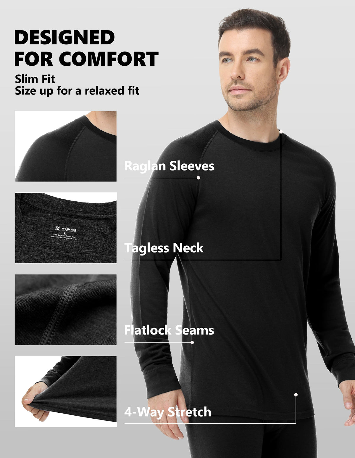 Woolcano Men’s 190g Merino Wool Base Layer Shirt Lightweight Thermal Underwear Top