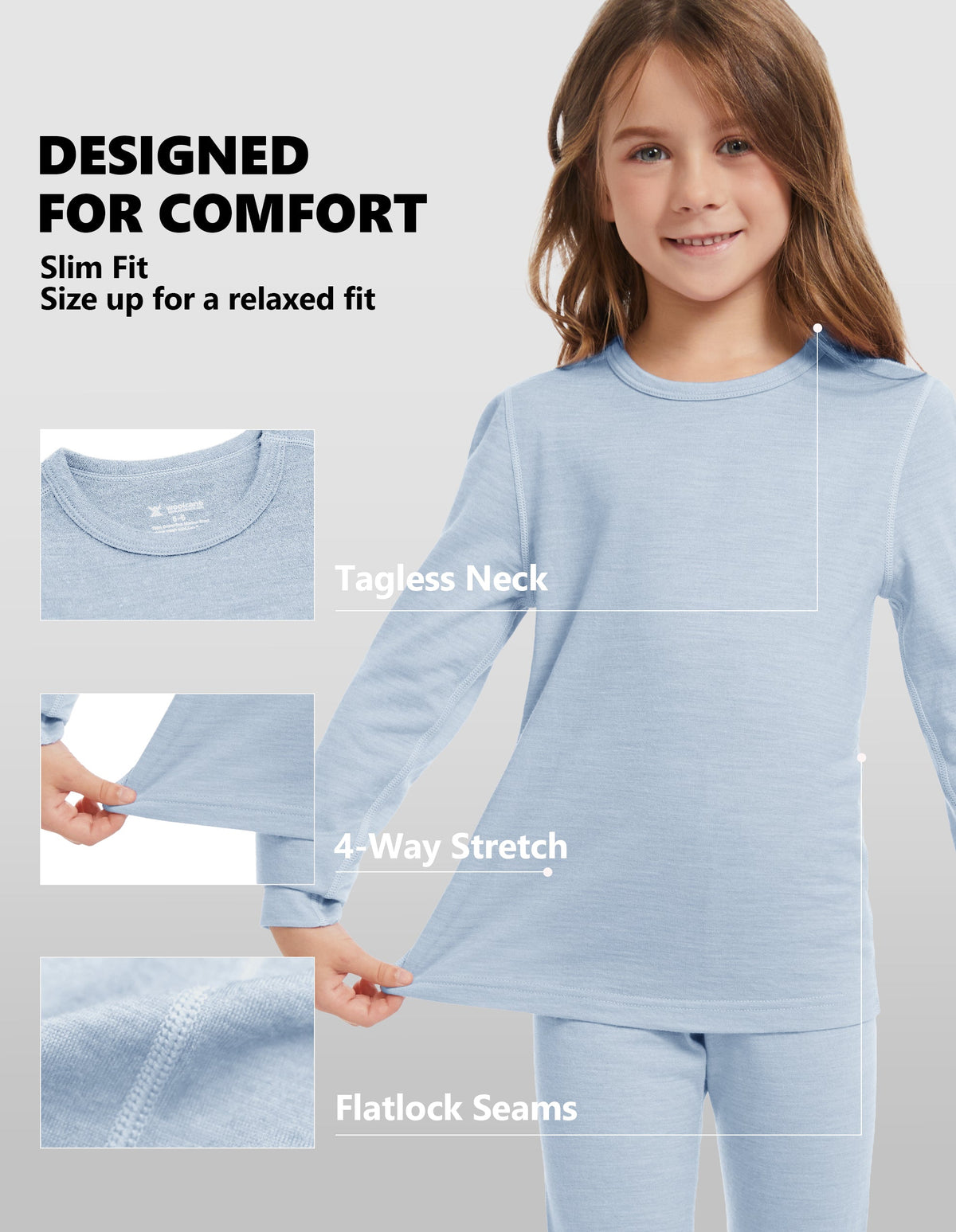 Woolcano Kid's 190g Merino Wool Unisex Base Layer Set Lightweight Thermal Underwear