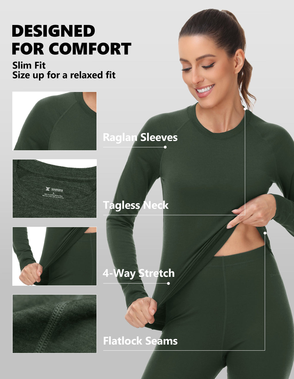 Woolcano Women's 190g Merino Wool Base Layer Set Lightweight Thermal Underwear