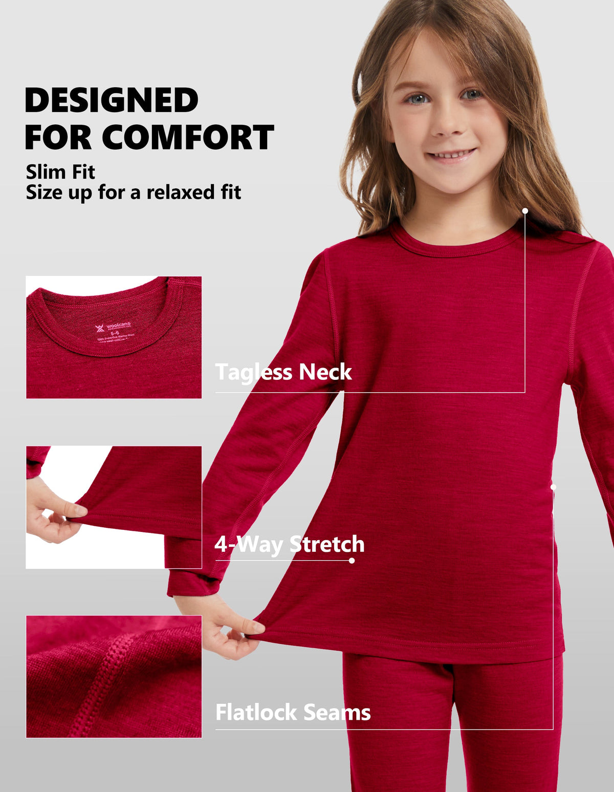 Woolcano Kid's 190g Merino Wool Unisex Base Layer Set Lightweight Thermal Underwear