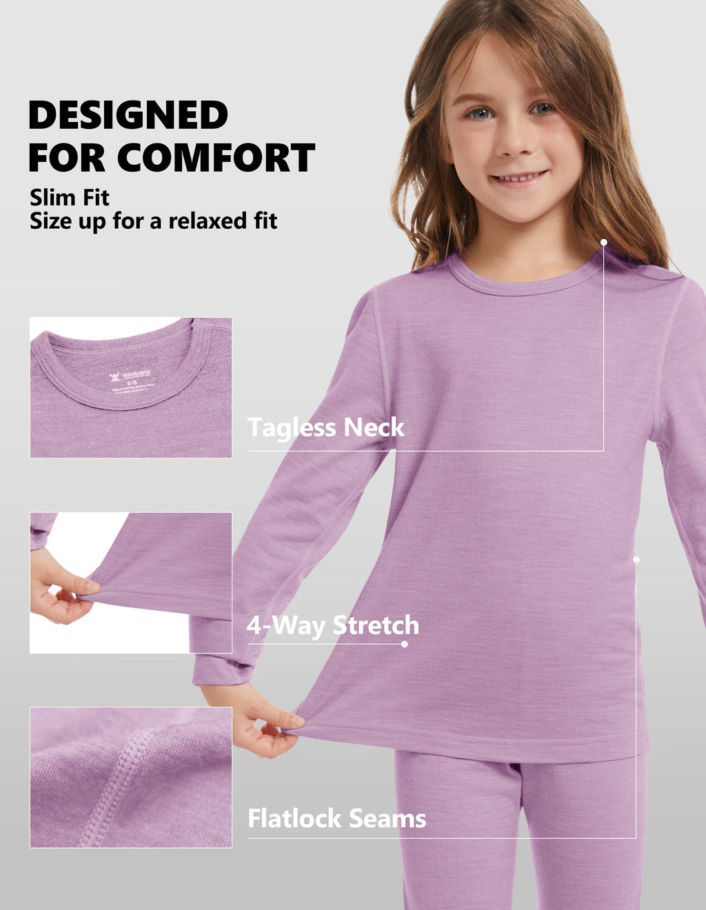 Woolcano Kid's 190g Merino Wool Unisex Base Layer Set Lightweight Thermal Underwear