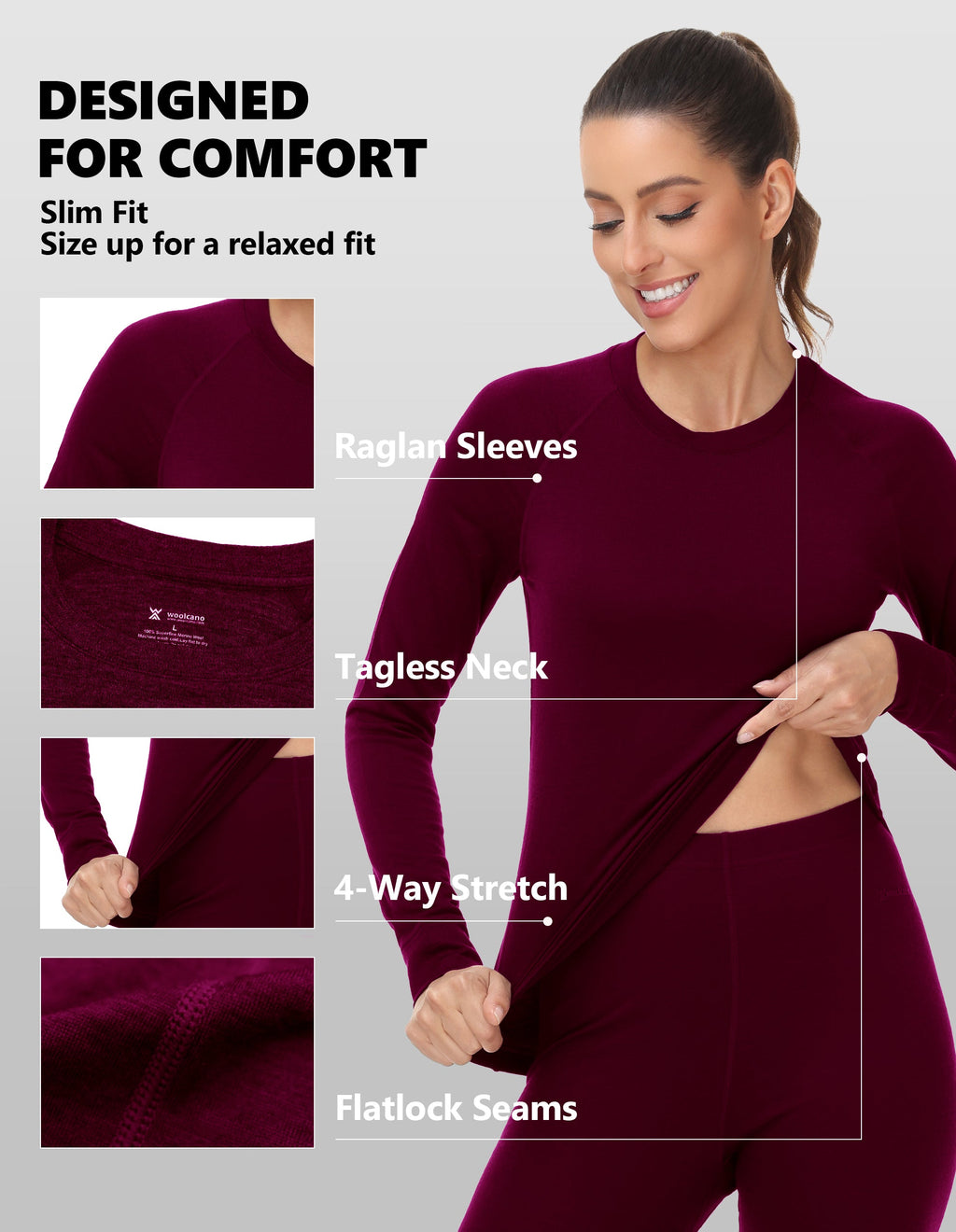 Woolcano Women's 190g Merino Wool Base Layer Set Lightweight Thermal Underwear