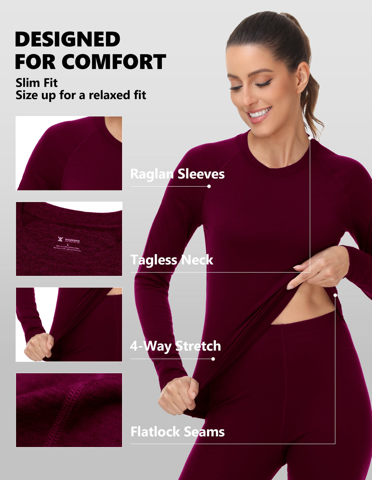 Woolcano Women's 190g Merino Wool Base Layer Set Lightweight Thermal Underwear