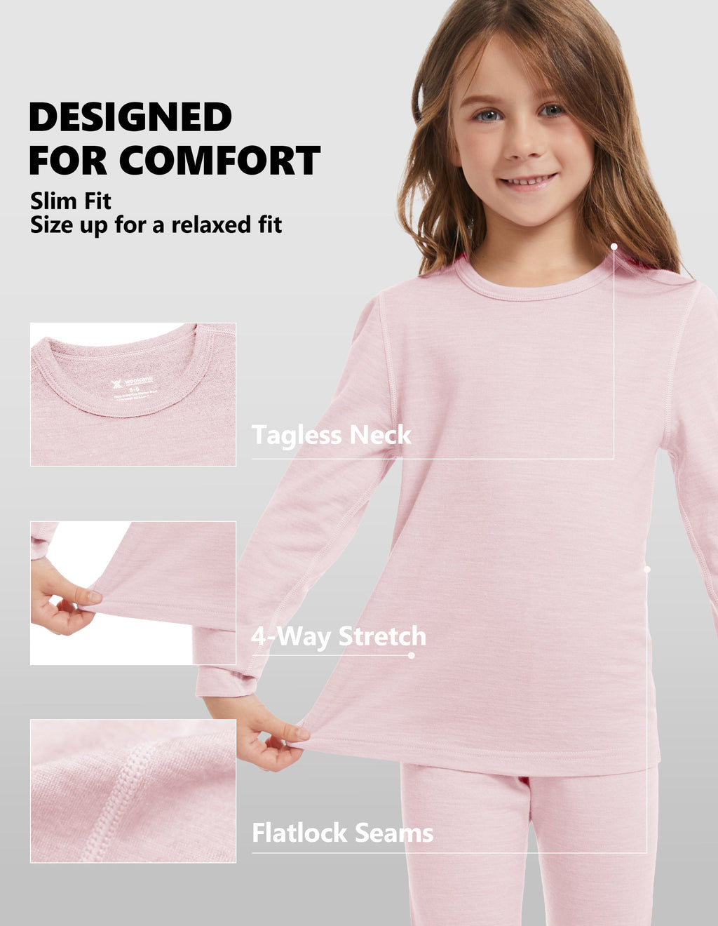 Woolcano Kid's 190g Merino Wool Unisex Base Layer Set Lightweight Thermal Underwear