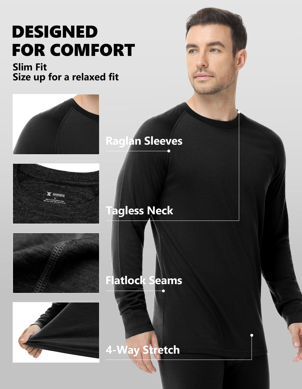 Woolcano Men’s 260g Merino Wool Base Layer Set Lightweight Thermal Underwear