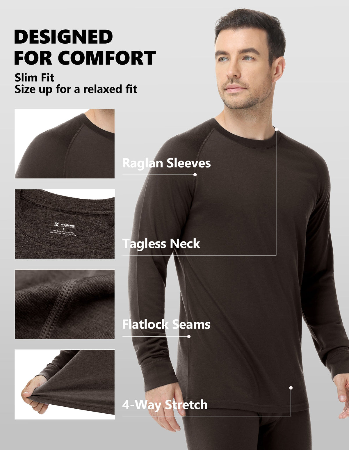 Woolcano Men’s 260g Merino Wool Base Layer Top Lightweight Thermal Underwear Shirt