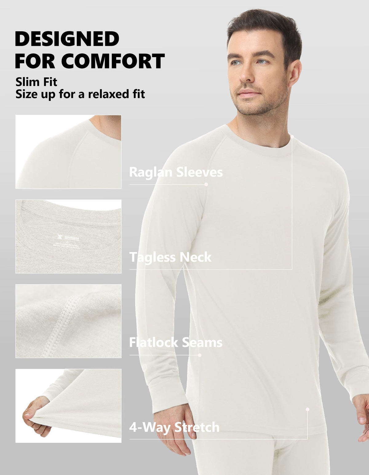 Woolcano Men’s 260g Merino Wool Base Layer Set Lightweight Thermal Underwear