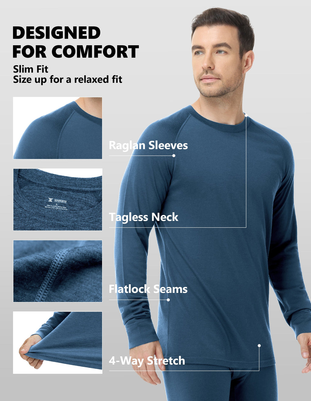 Woolcano Men’s 190g Merino Wool Base Layer Set Lightweight Thermal Underwear