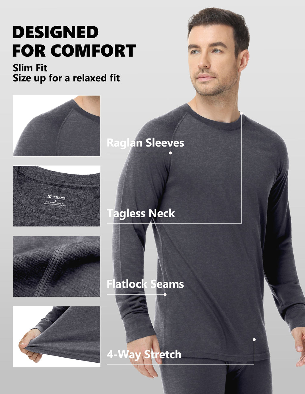 Woolcano Men’s 190g Merino Wool Base Layer Set Lightweight Thermal Underwear