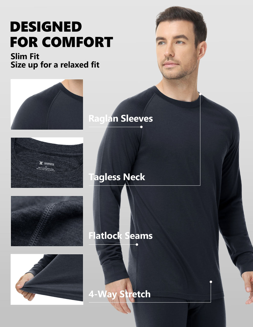 Woolcano Men’s 190g Merino Wool Base Layer Set Lightweight Thermal Underwear