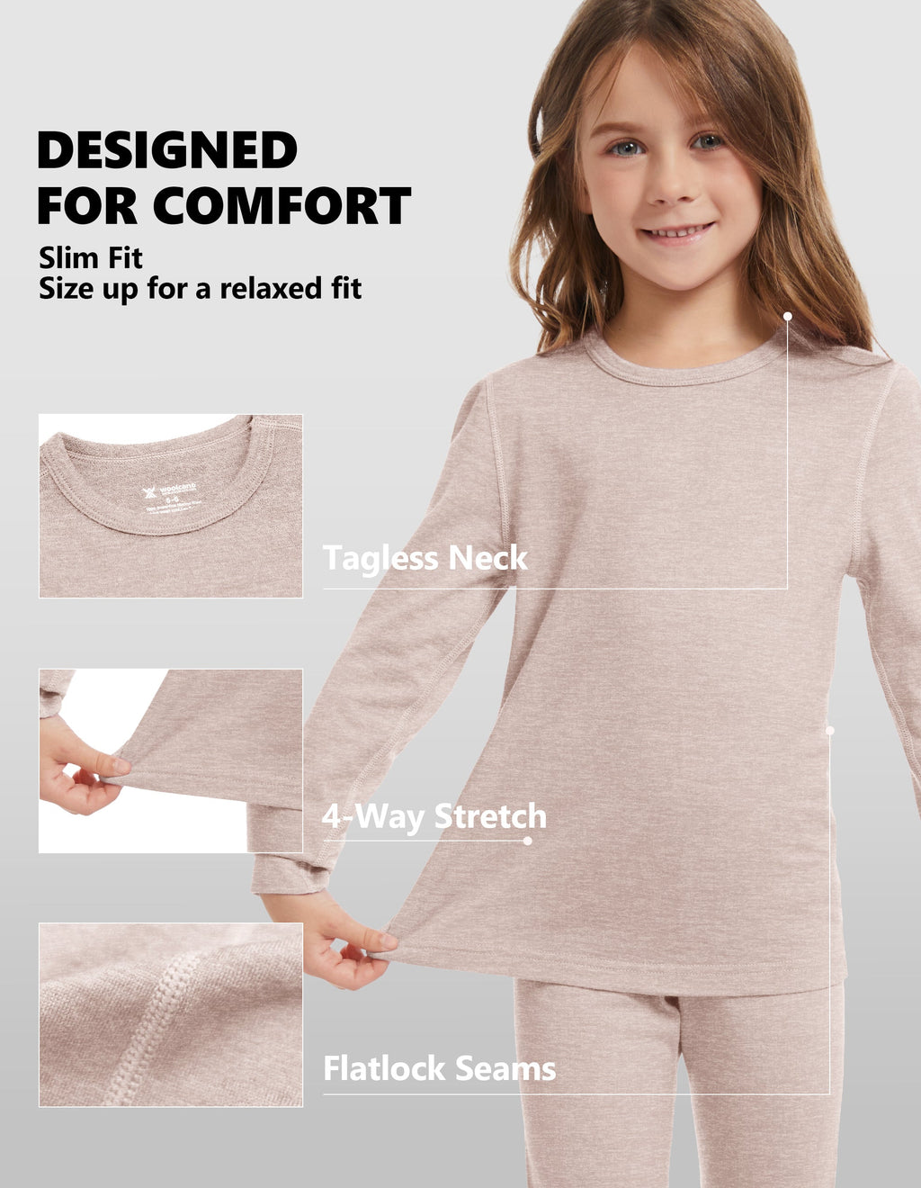 Woolcano Kid's 190g Merino Wool Unisex Base Layer Set Lightweight Thermal Underwear
