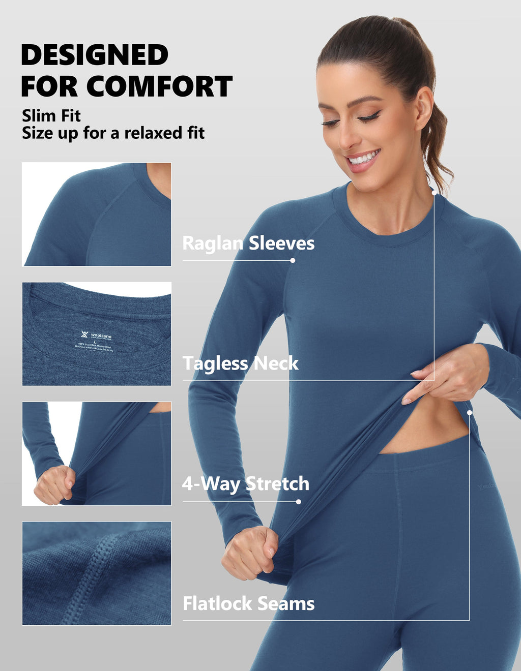 Woolcano Women's 190g Merino Wool Base Layer Set Lightweight Thermal Underwear