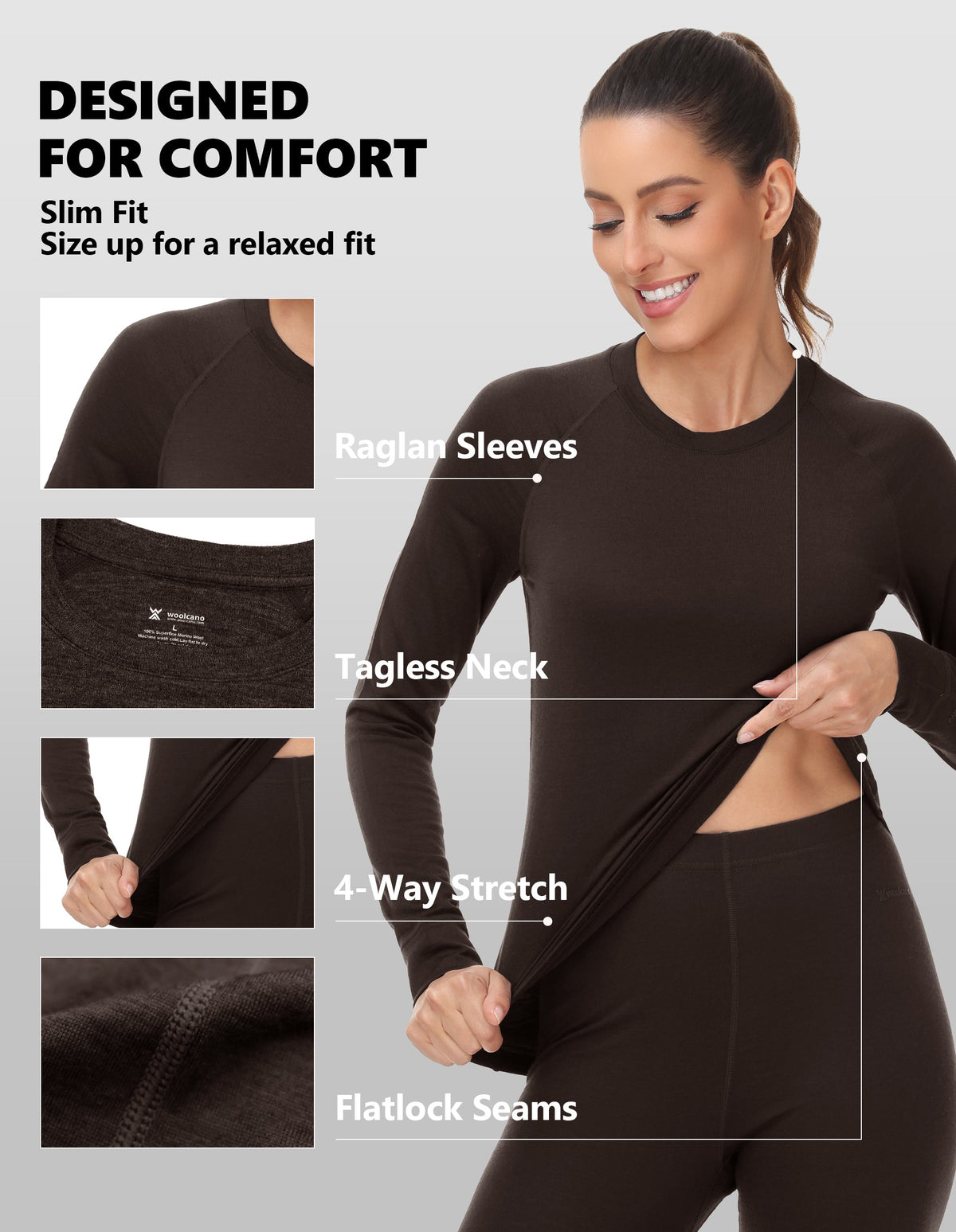 Woolcano Women's 190g Merino Wool Base Layer Set Lightweight Thermal Underwear