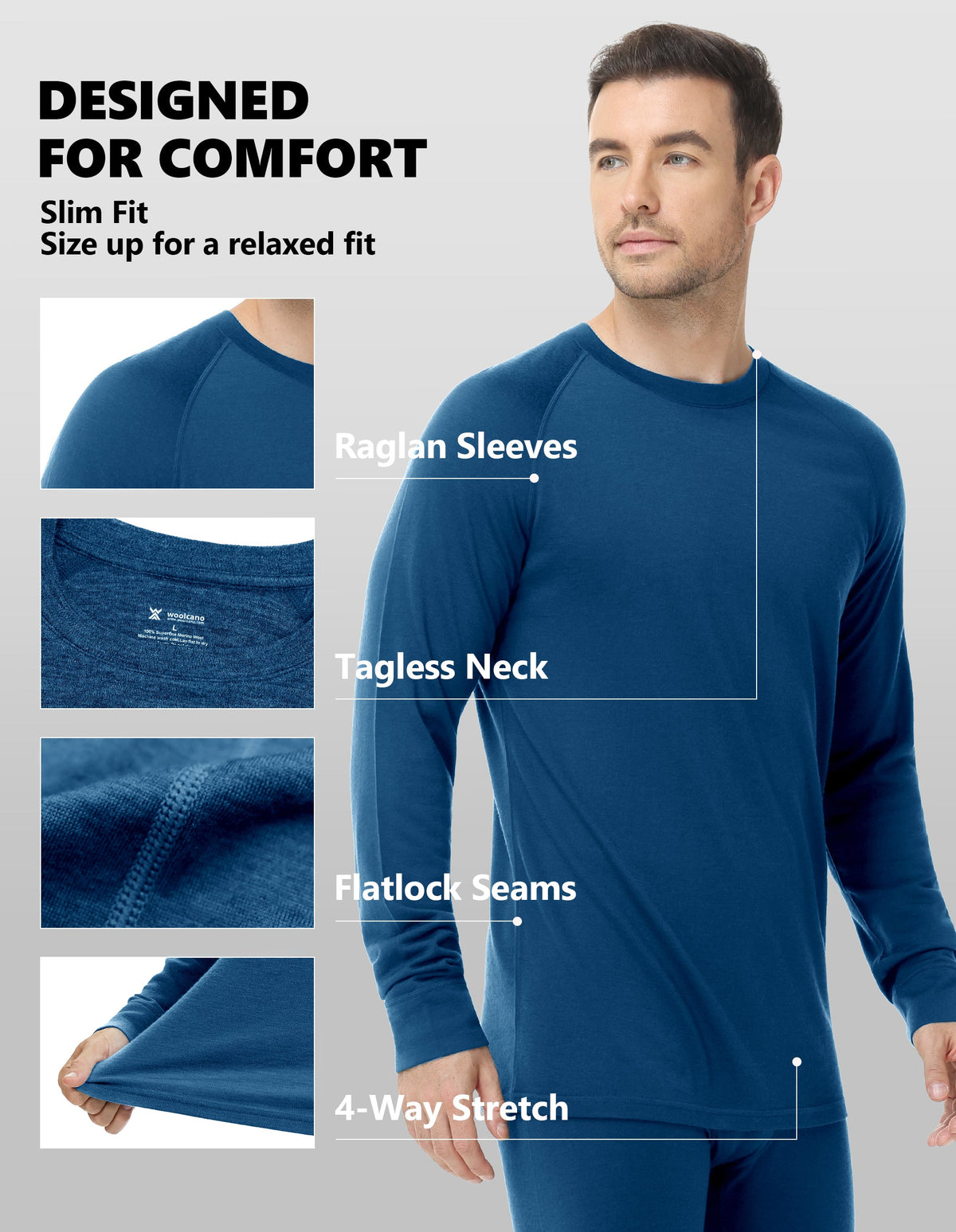 Woolcano Men’s 260g Merino Wool Base Layer Set Lightweight Thermal Underwear