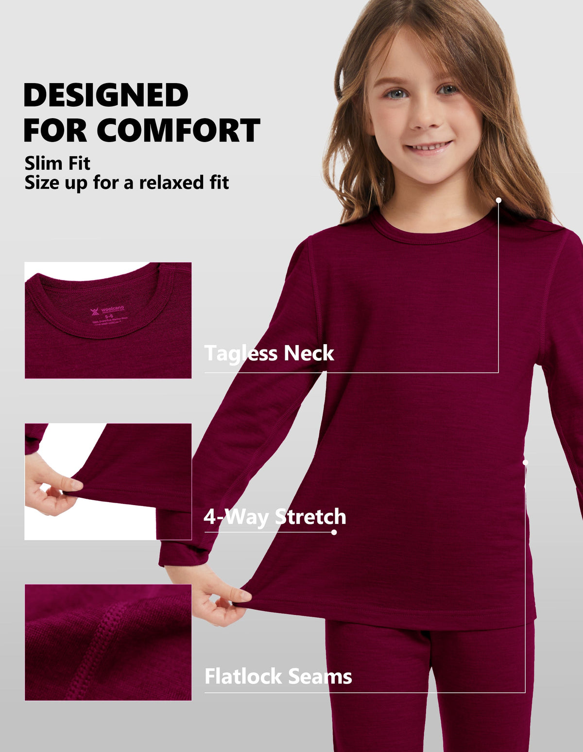 Woolcano Kid's 190g Merino Wool Unisex Base Layer Set Lightweight Thermal Underwear