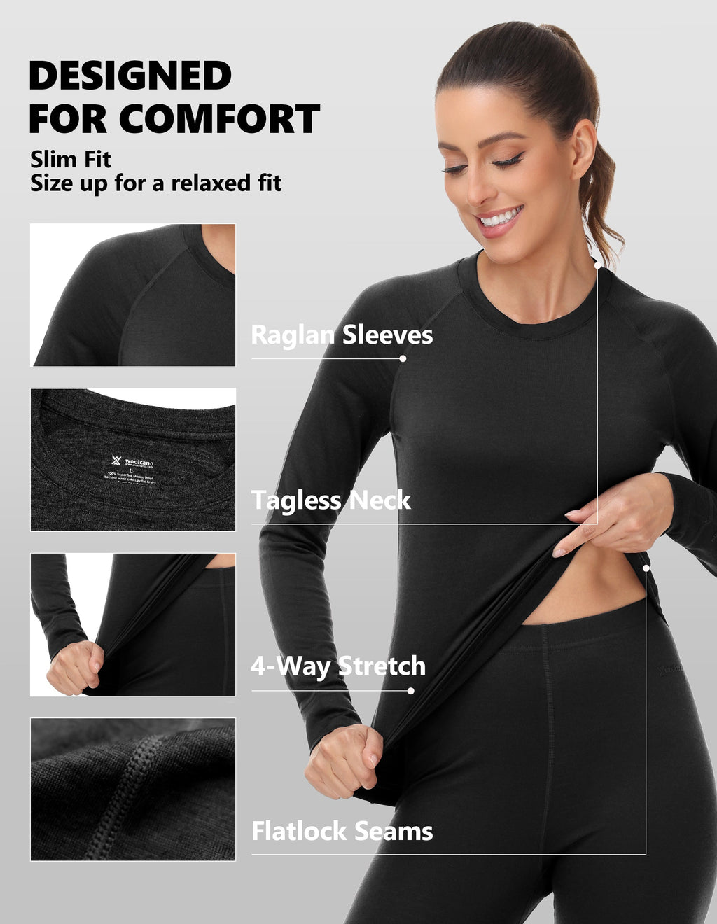 Woolcano Women's 190g Merino Wool Base Layer Set Lightweight Thermal Underwear