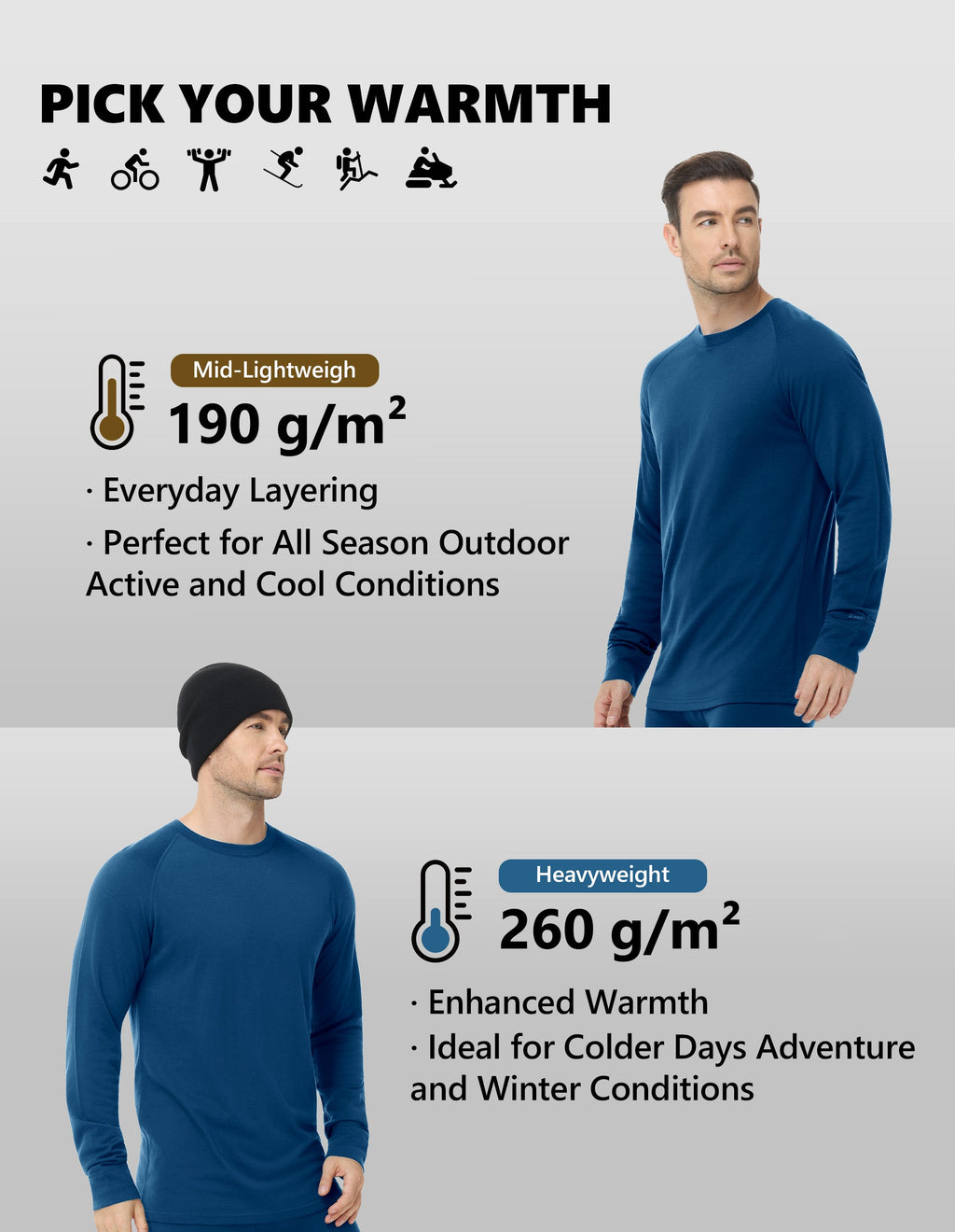 Woolcano Men’s 260g Merino Wool Base Layer Set Lightweight Thermal Underwear