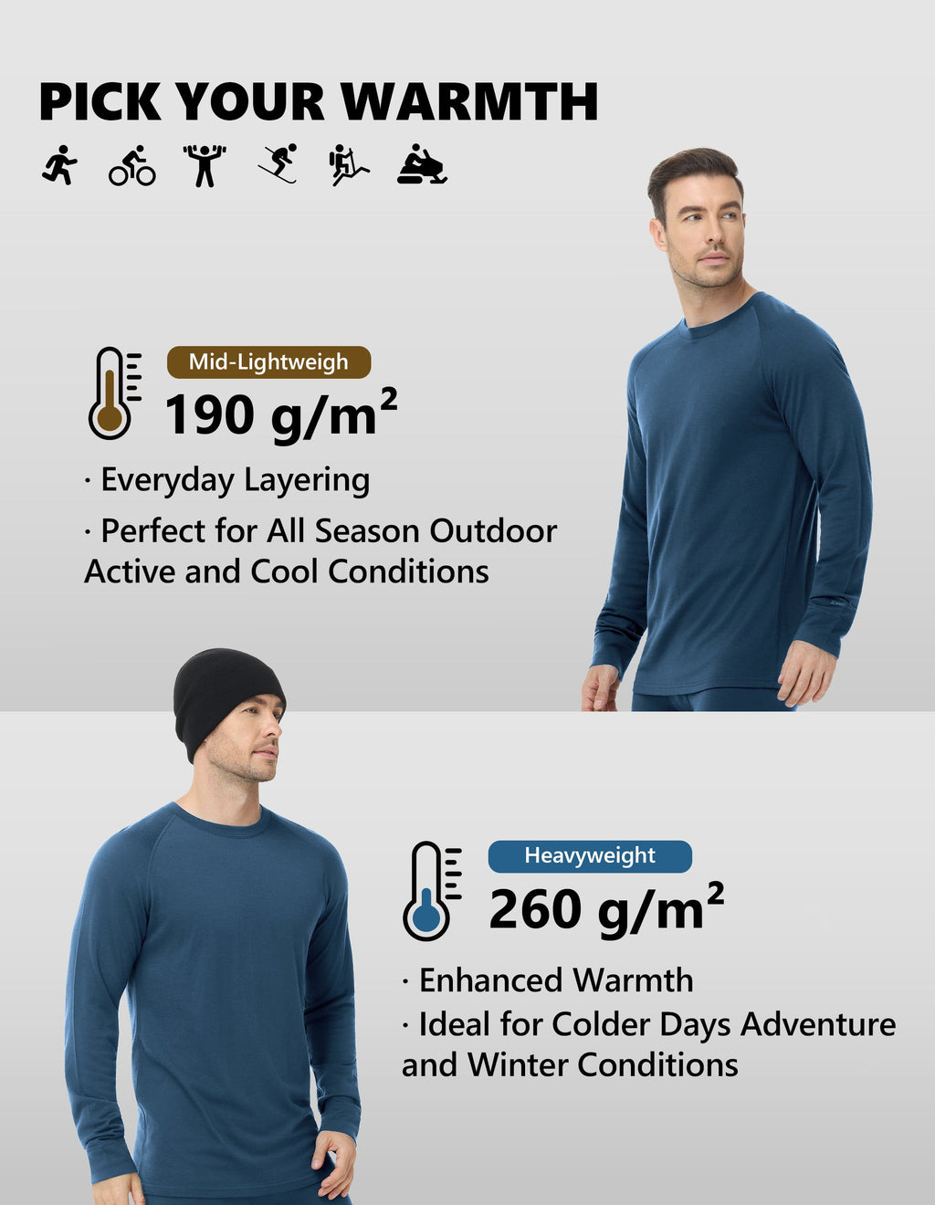 Woolcano Men’s 190g Merino Wool Base Layer Shirt Lightweight Thermal Underwear Top