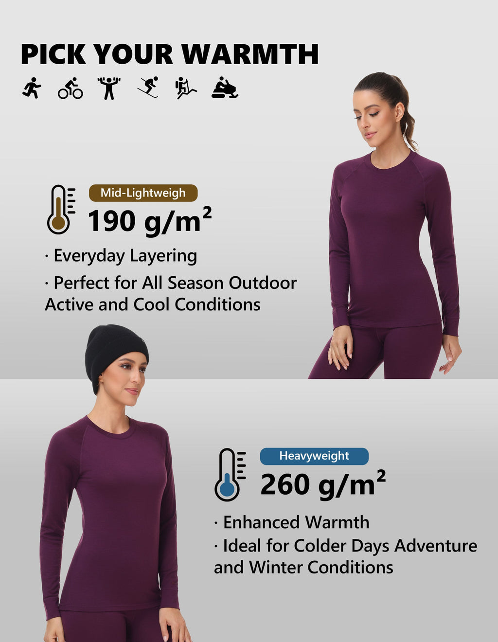 Woolcano Women's 190g Merino Wool Base Layer Set Lightweight Thermal Underwear