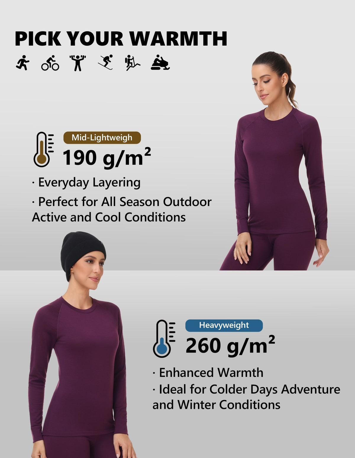 Woolcano Women's 190g Merino Wool Base Layer Set Lightweight Thermal Underwear