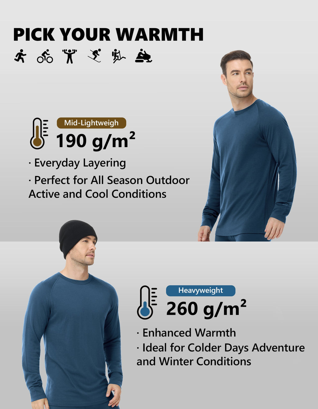 Woolcano Men’s 260g Merino Wool Base Layer Set Lightweight Thermal Underwear