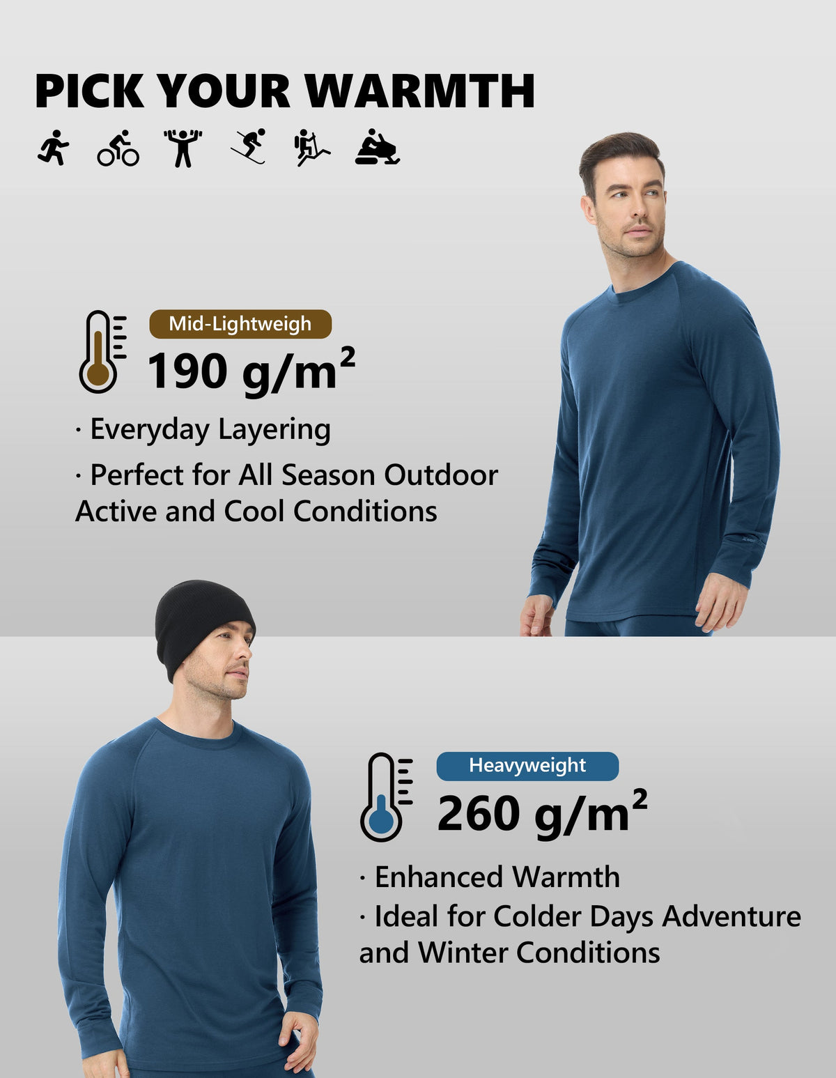 Woolcano Men’s 260g Merino Wool Base Layer Set Lightweight Thermal Underwear