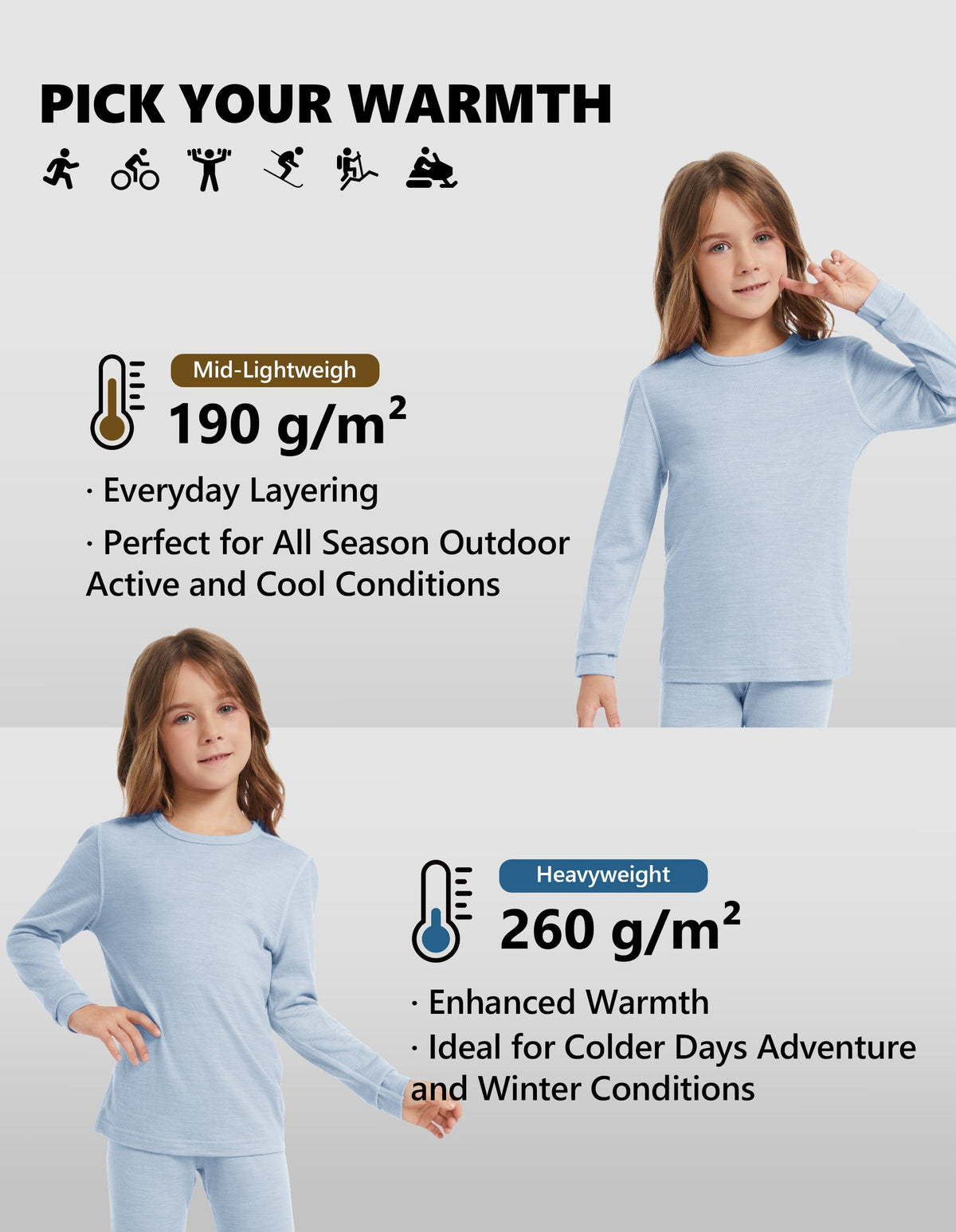 Woolcano Kid's 190g Merino Wool Unisex Base Layer Set Lightweight Thermal Underwear