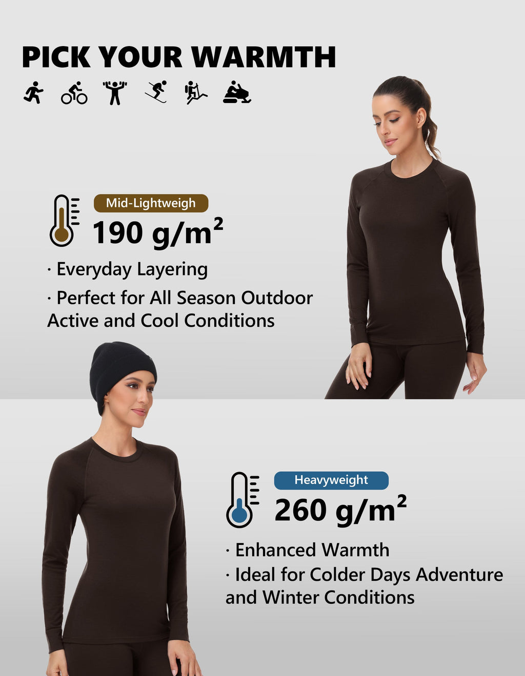 Woolcano Women's 260g Merino Wool Base Layer Set Lightweight Thermal Underwear