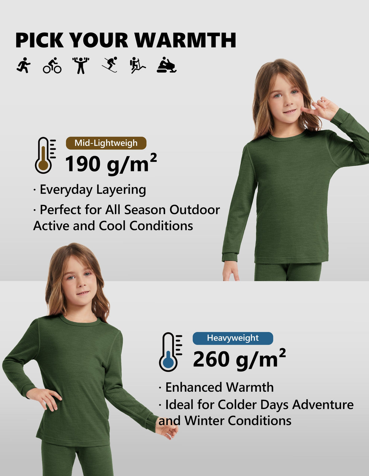 Woolcano Kid's 190g Merino Wool Unisex Base Layer Set Lightweight Thermal Underwear