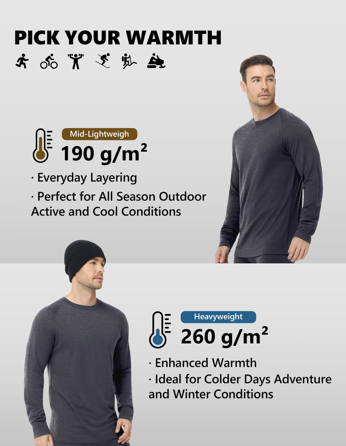 Woolcano Men’s 190g Merino Wool Base Layer Set Lightweight Thermal Underwear