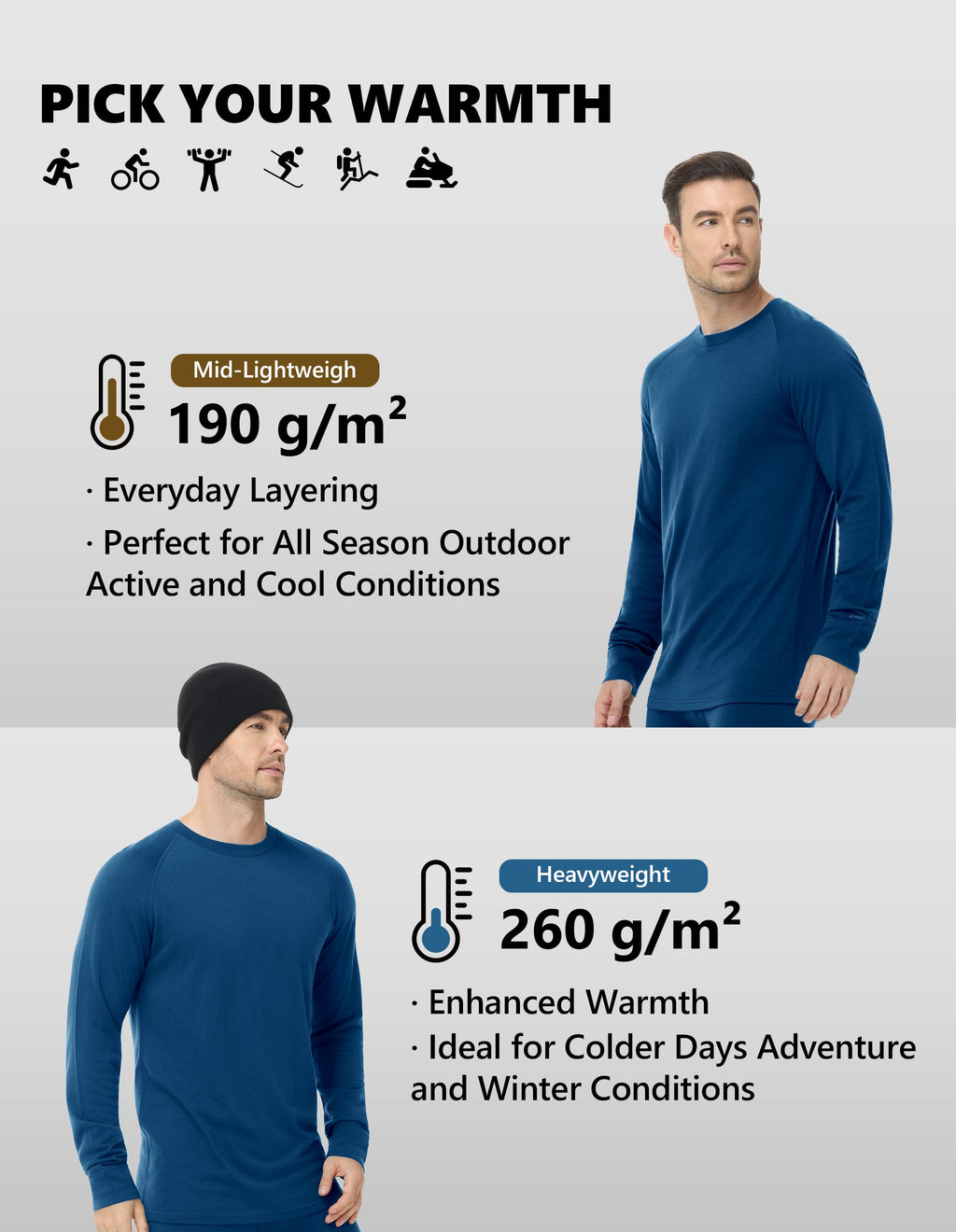 Woolcano Men’s 190g Merino Wool Base Layer Shirt Lightweight Thermal Underwear Top