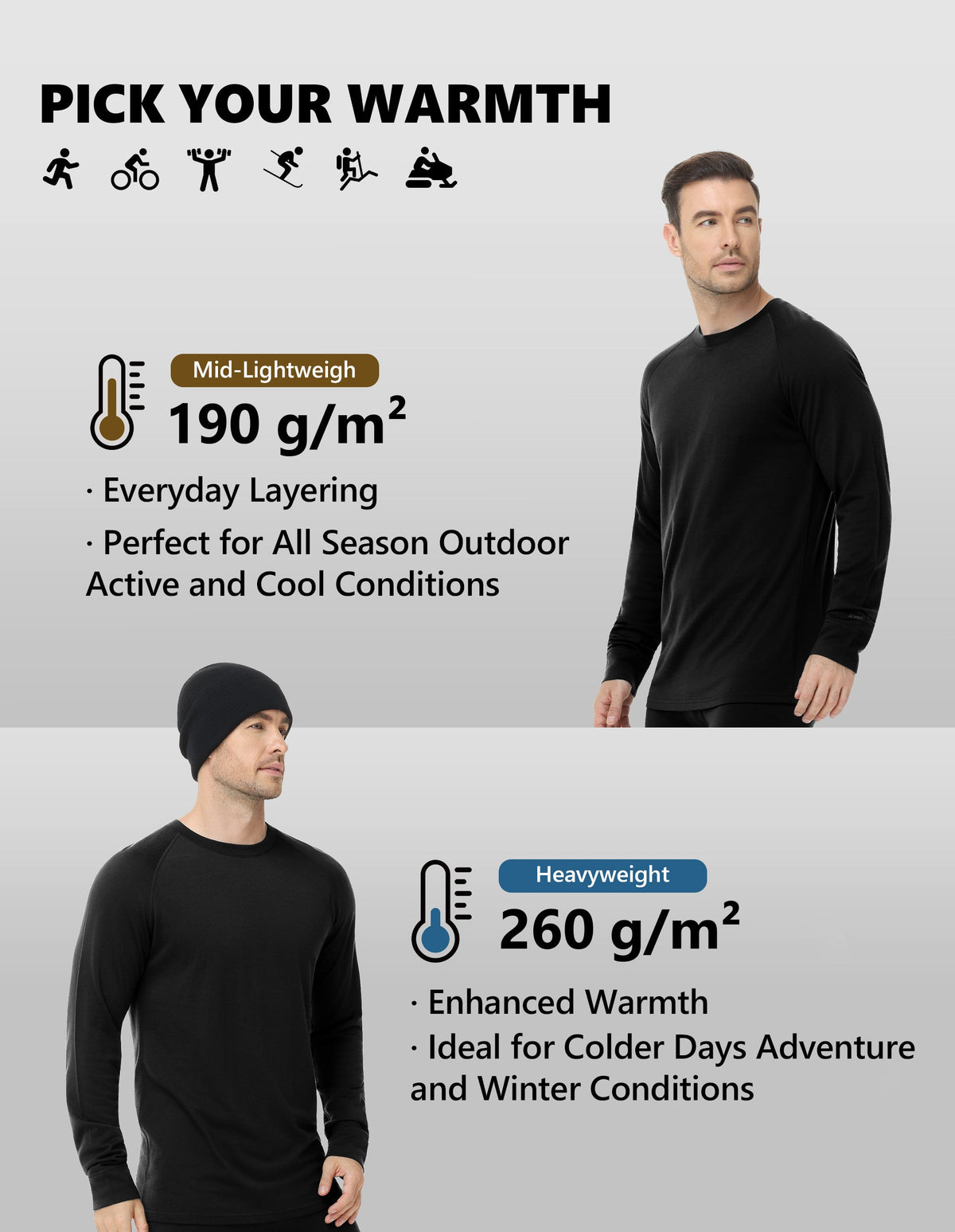 Woolcano Men’s 260g Merino Wool Base Layer Set Lightweight Thermal Underwear
