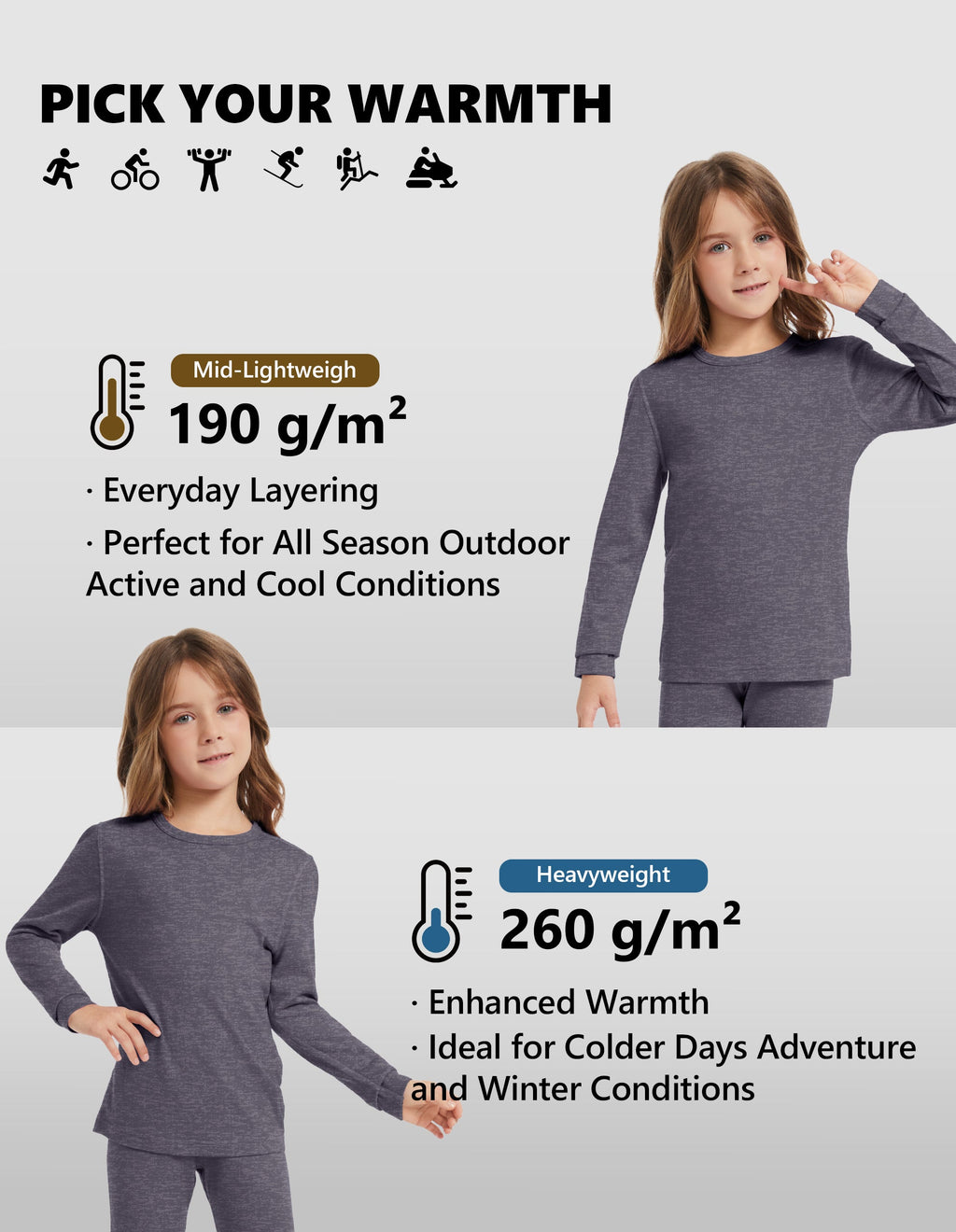 Woolcano Kid's 190g Merino Wool Unisex Base Layer Set Lightweight Thermal Underwear