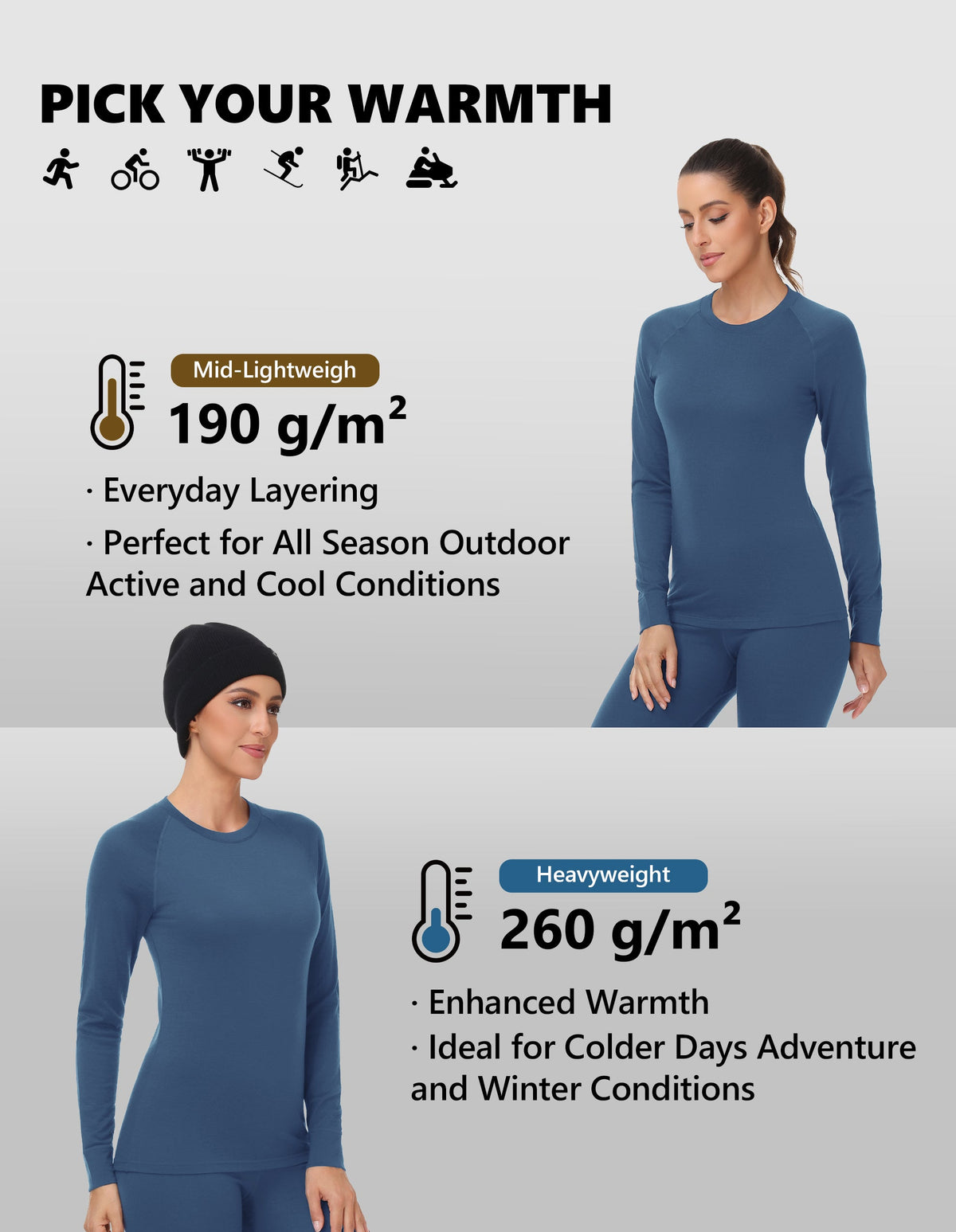 Woolcano Women's 190g Merino Wool Base Layer Set Lightweight Thermal Underwear