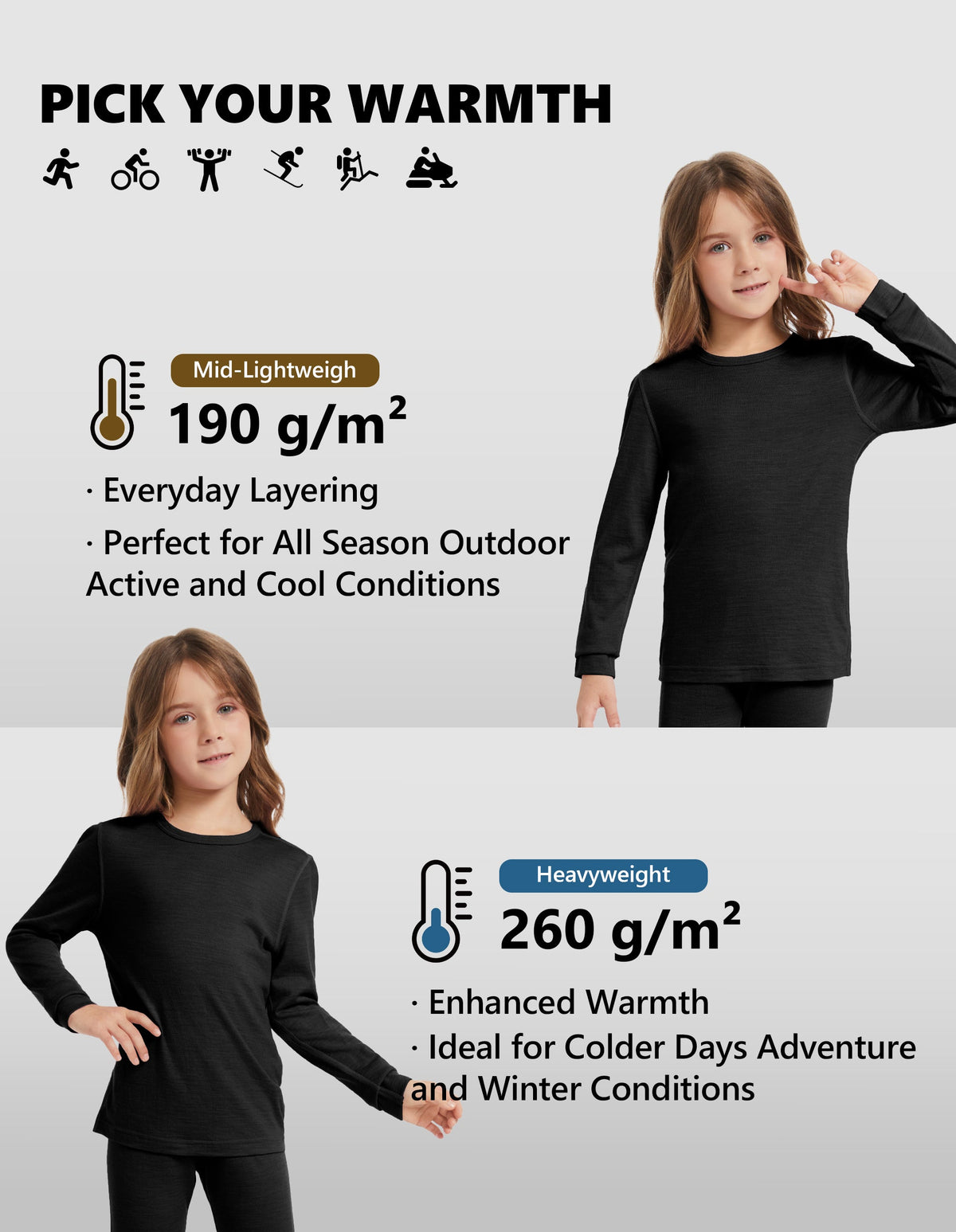 Woolcano Kid's 190g Merino Wool Unisex Base Layer Set Lightweight Thermal Underwear