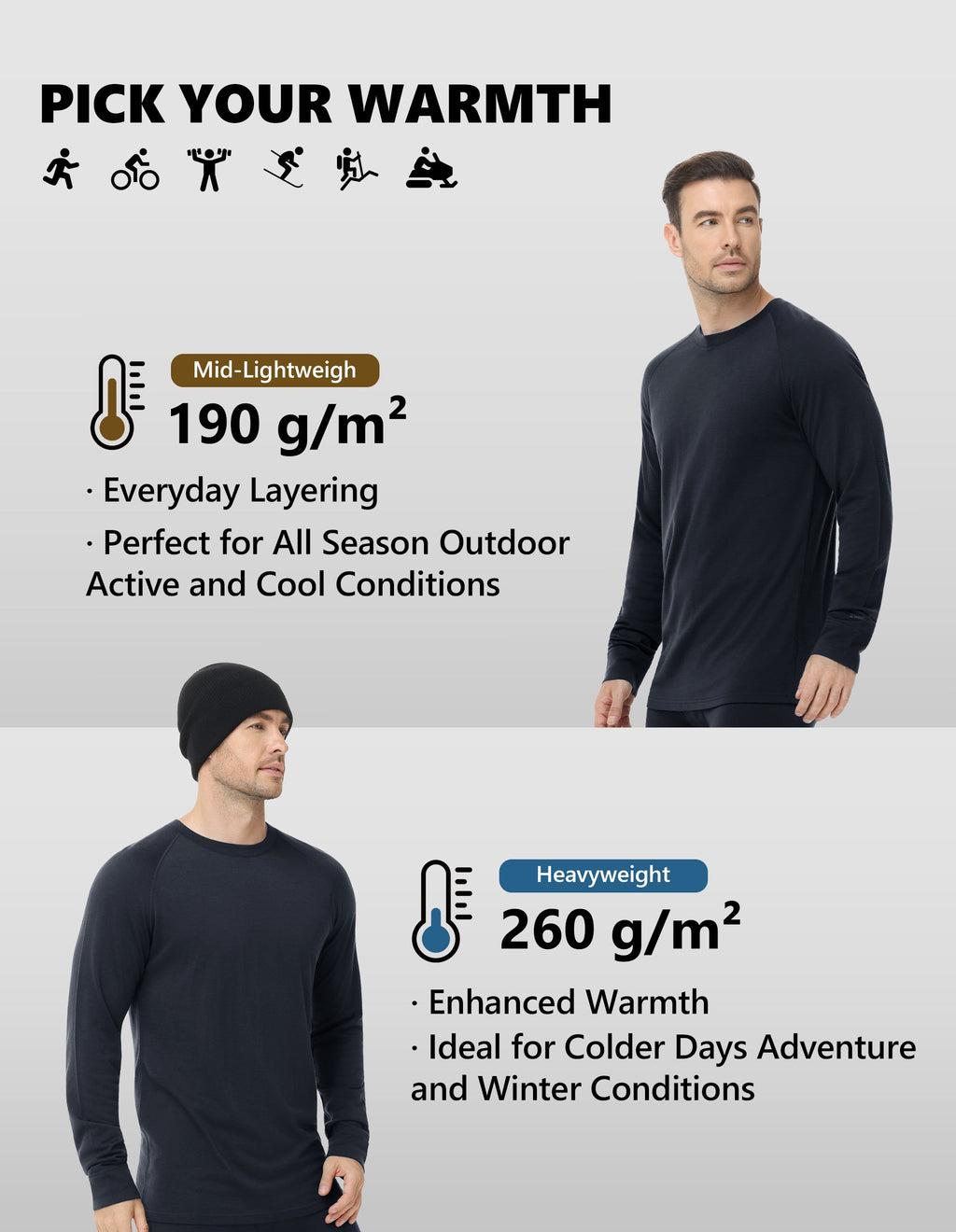 Woolcano Men’s 190g Merino Wool Base Layer Set Lightweight Thermal Underwear