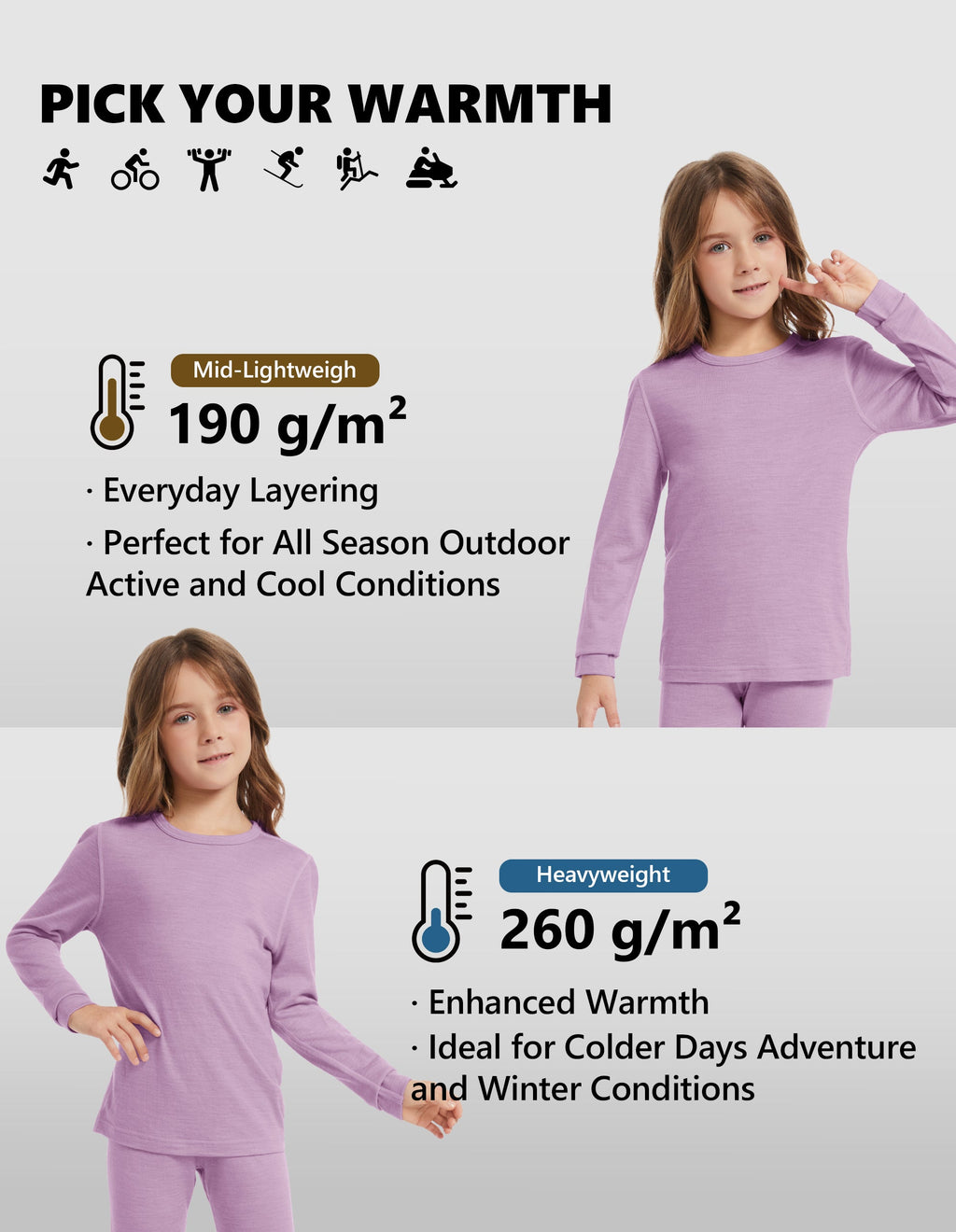 Woolcano Kid's 190g Merino Wool Unisex Base Layer Set Lightweight Thermal Underwear