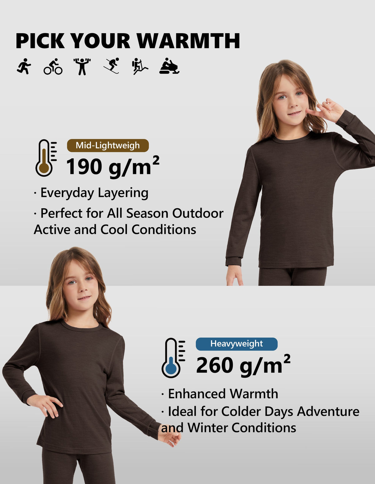 Woolcano Kid's 190g Merino Wool Unisex Base Layer Set Lightweight Thermal Underwear
