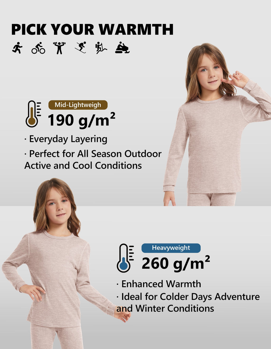Woolcano Kid's 190g Merino Wool Unisex Base Layer Set Lightweight Thermal Underwear