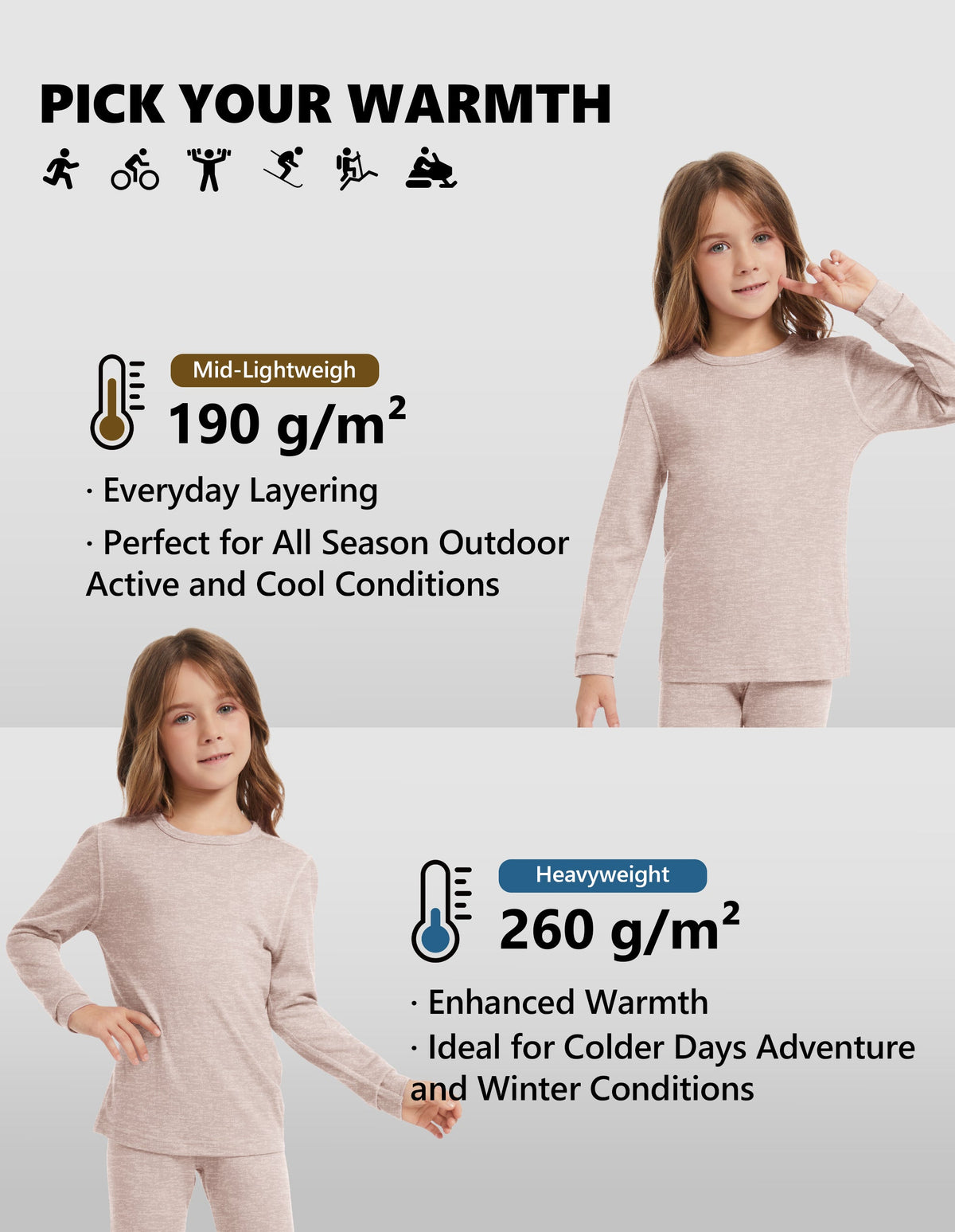 Woolcano Kid's 190g Merino Wool Unisex Base Layer Set Lightweight Thermal Underwear
